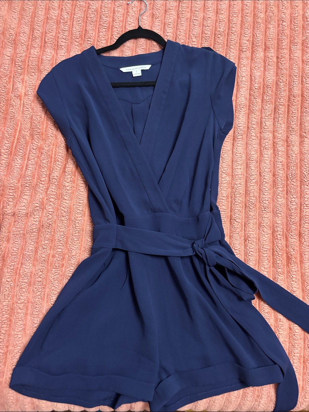 Diane Von Furstenberg Navy Wrap Romper with Waist Tie